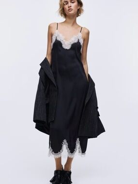 H&M Black Slip Dress with White Lace Trim